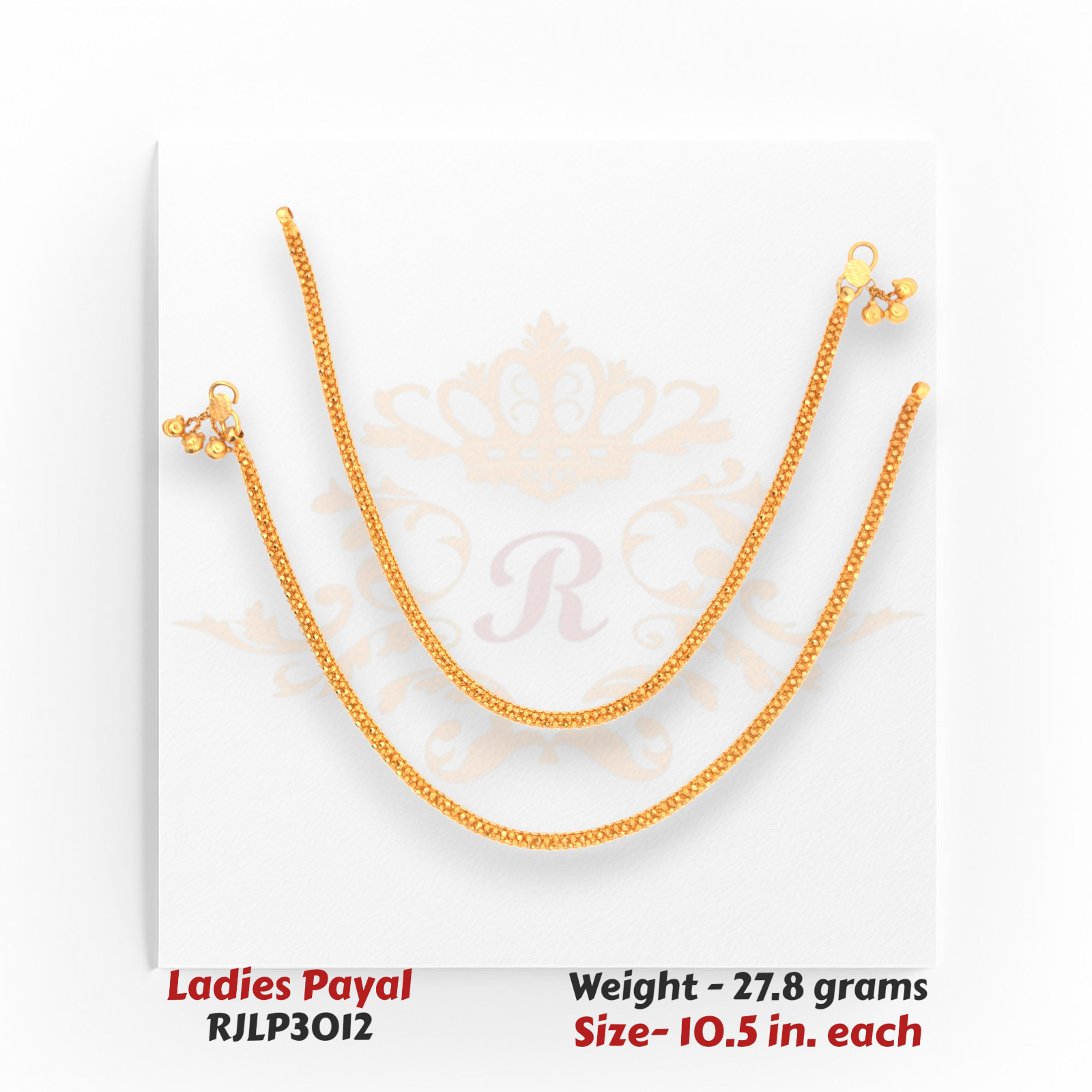 22kt Gold Ladies Payal RJLP3012 – smooth woven mesh pattern anklet, 27.8 grams, 10.5 inches – lightweight daily wear gold payal by Regal Jewels Chicago.