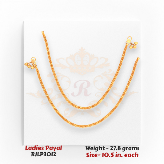 22kt Gold Ladies Payal RJLP3012 – smooth woven mesh pattern anklet, 27.8 grams, 10.5 inches – lightweight daily wear gold payal by Regal Jewels Chicago.