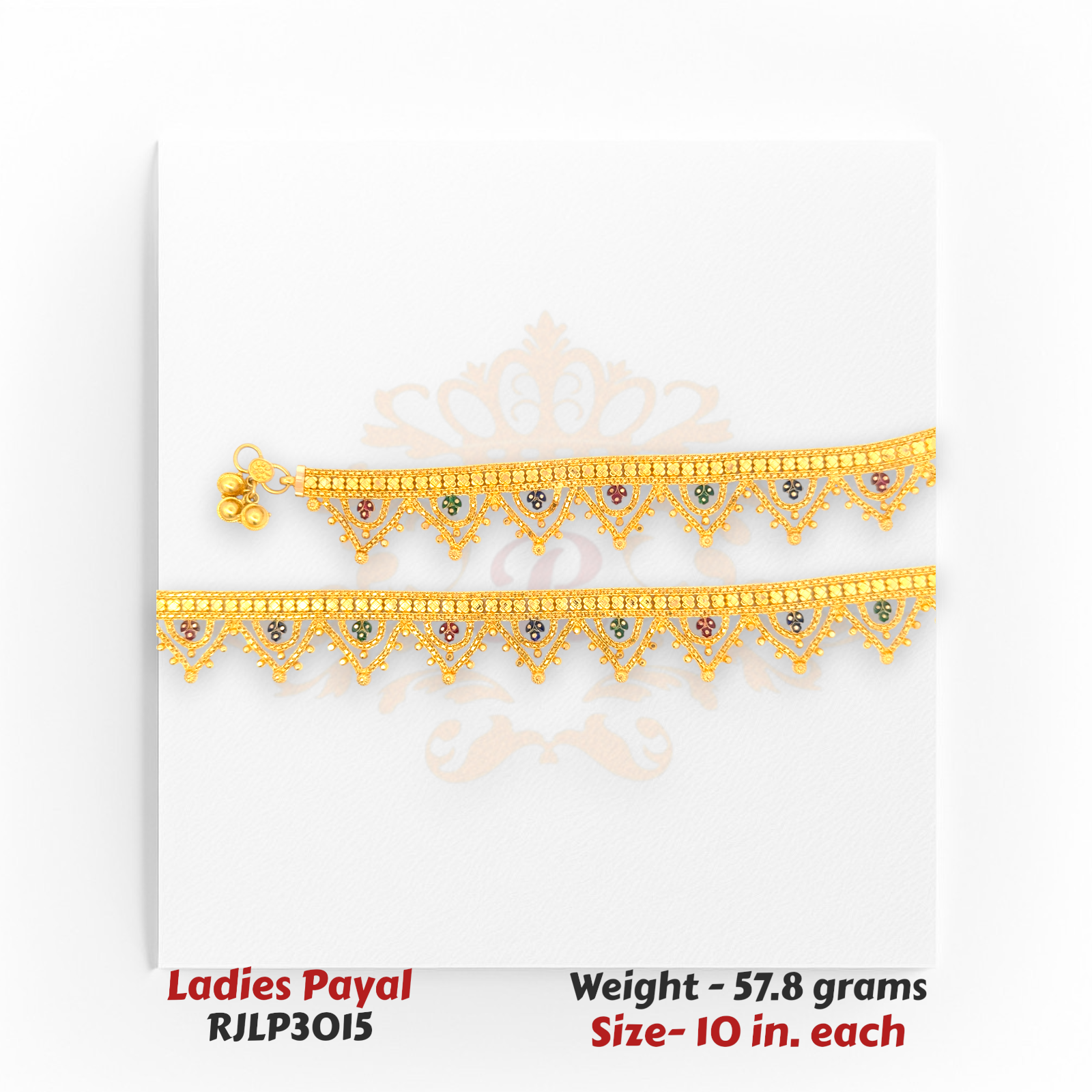 22kt Gold Ladies Payal RJLP3015 – multicolor meenakari triangle design anklet, 57.8 grams, 10 inches – vibrant ethnic payal by Regal Jewels Chicago.