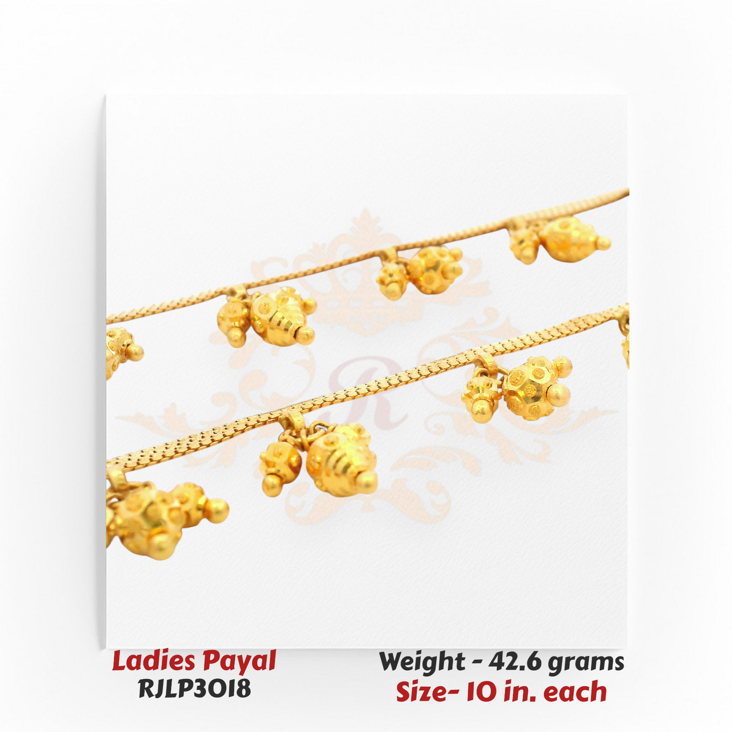 22kt Gold Ladies Payal RJLP3018 – hanging leaf-drop charm anklet, 42.6 grams, 10 inches – festive traditional gold payal from Regal Jewels Chicago.