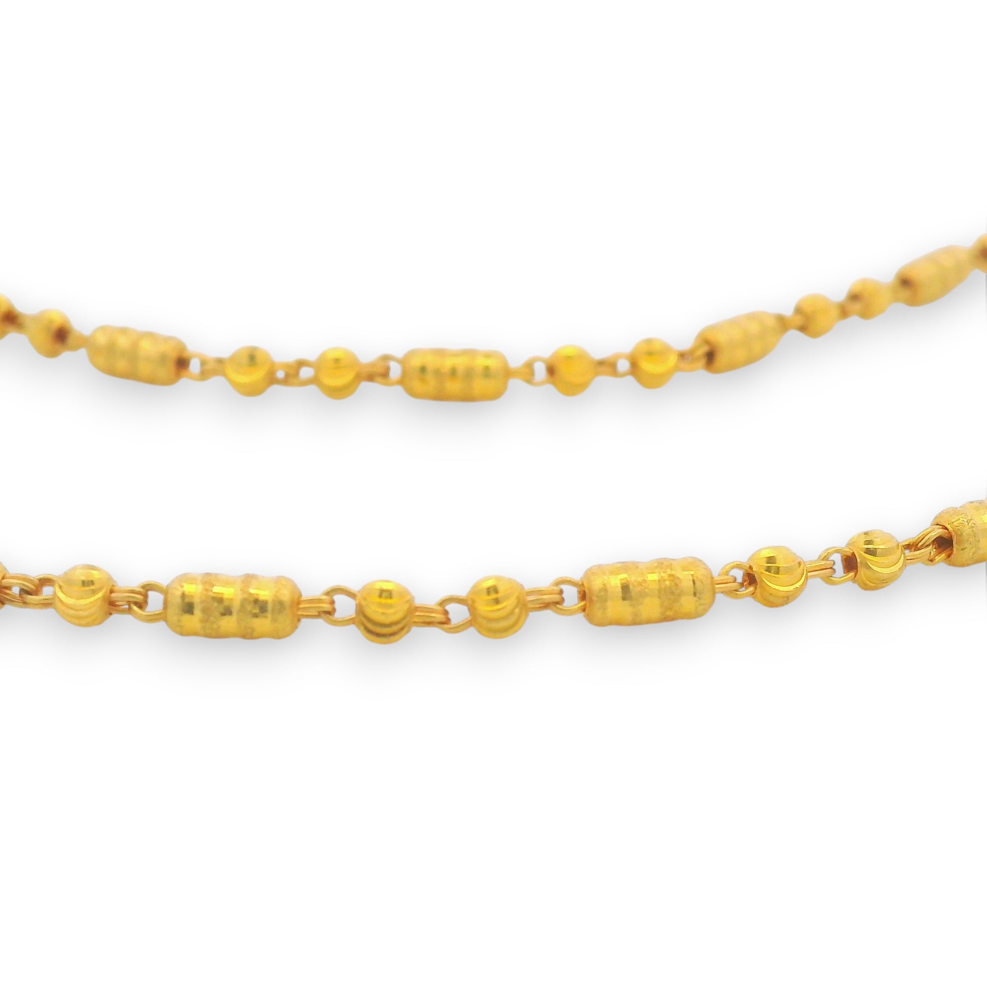 Regal Jewels RJLP3023A close-up 22k gold ladies payal with cylindrical textured beads and round link chain, elegant anklet jewelry design – Regal Jewels Chicago