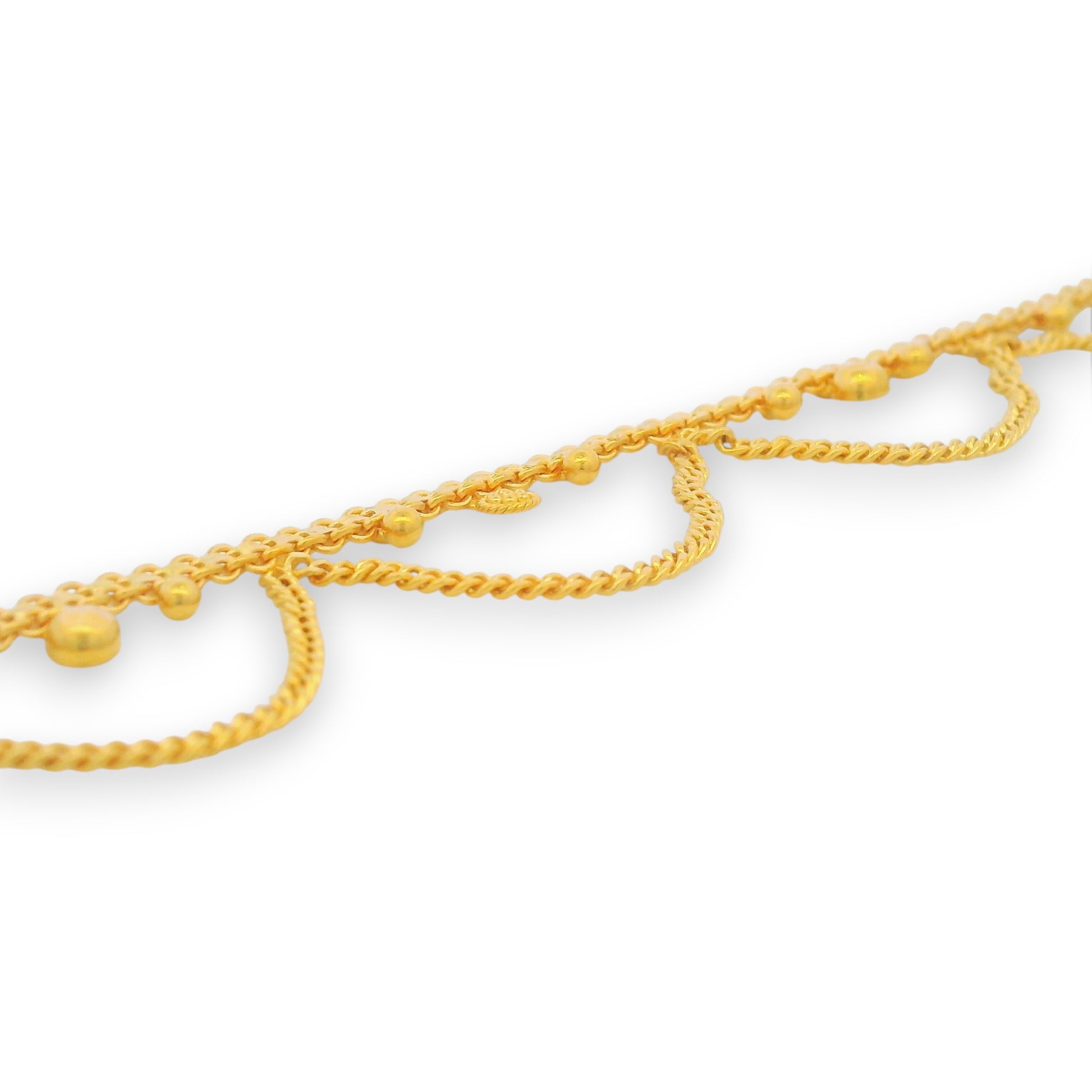 Regal Jewels RJLP3024a 22k gold ladies payal close-up with scalloped loop design and delicate dangling beads, traditional Indian anklet detail – Regal Jewels Chicago