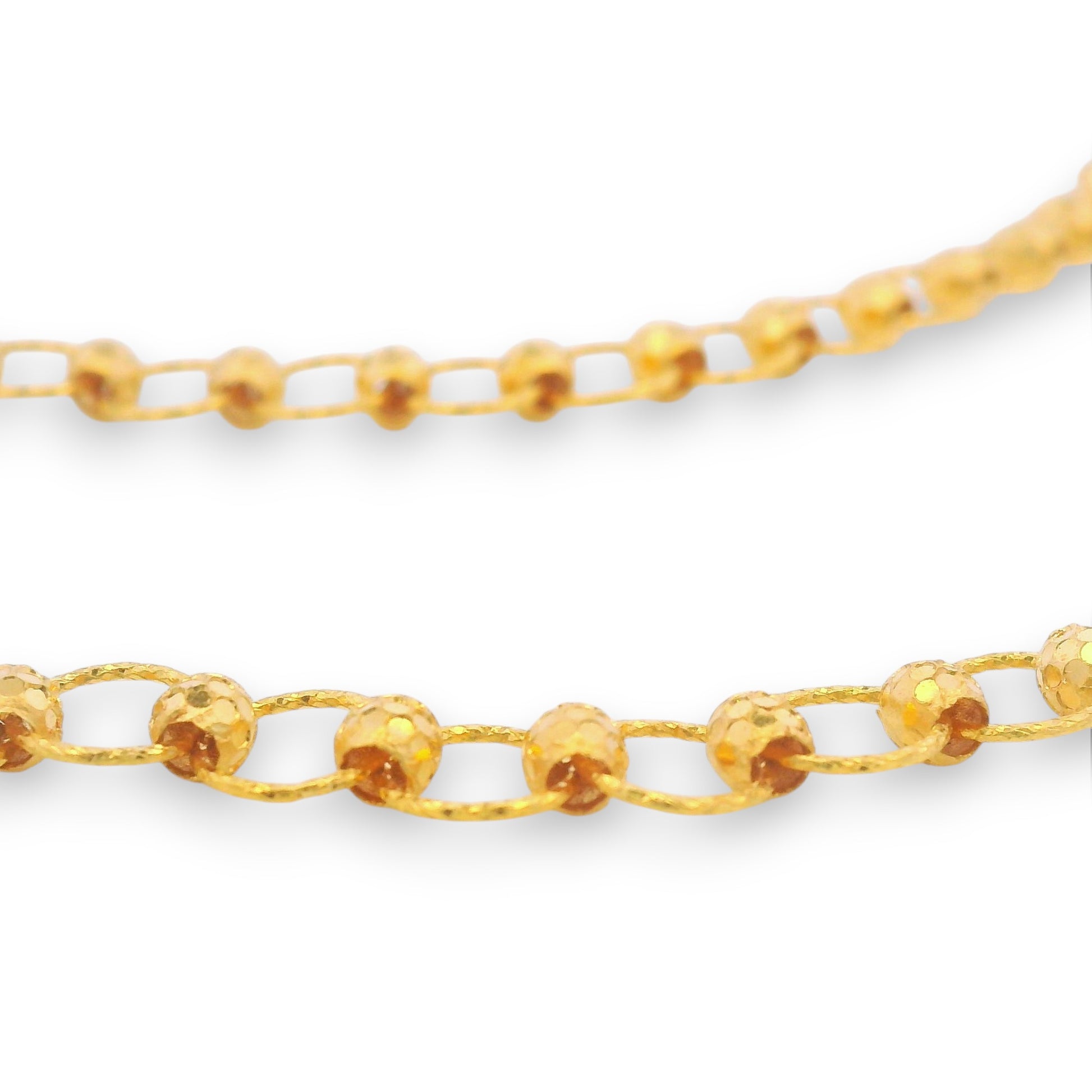 Regal Jewels RJLP3027A 22k gold ladies payal close-up with round textured beads linked in delicate chain design, elegant traditional gold anklet – Regal Jewels Chicago