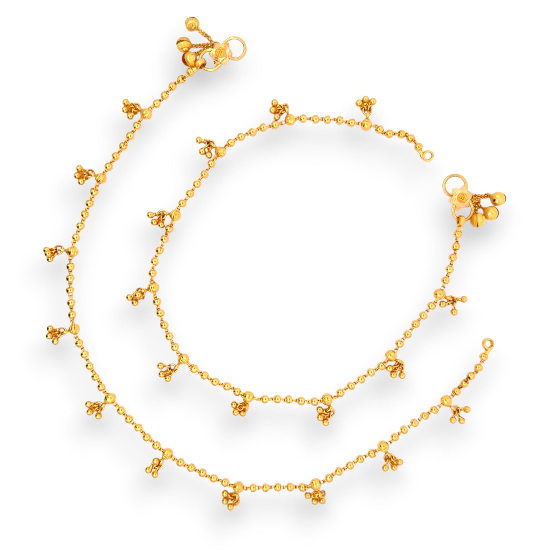 Regal Jewels RJLP3028 22k yellow gold ladies payal anklet pair with dangling beaded charm drops, elegant handcrafted gold anklets for women, traditional ethnic Indian jewelry design, bridal festive gold payal with ghungroo-style detailing, lightweight daily wear gold anklet – Regal Jewels Chicago