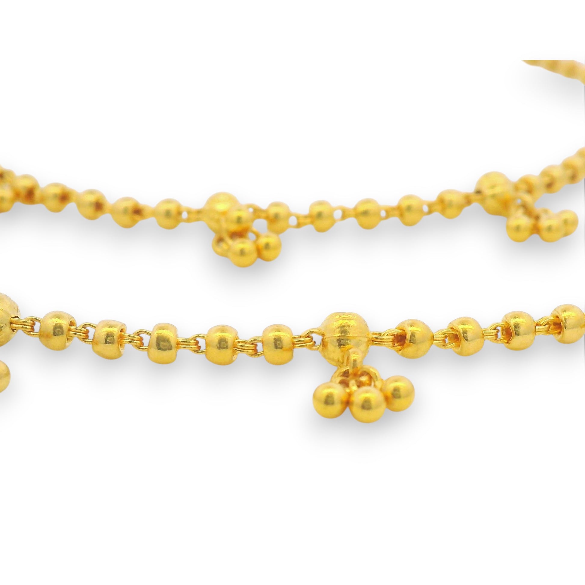 Regal Jewels RJLP3028A 22k gold ladies payal anklet close-up with beaded ball chain and dangling cluster detail, lightweight traditional Indian gold payal design – Regal Jewels Chicago