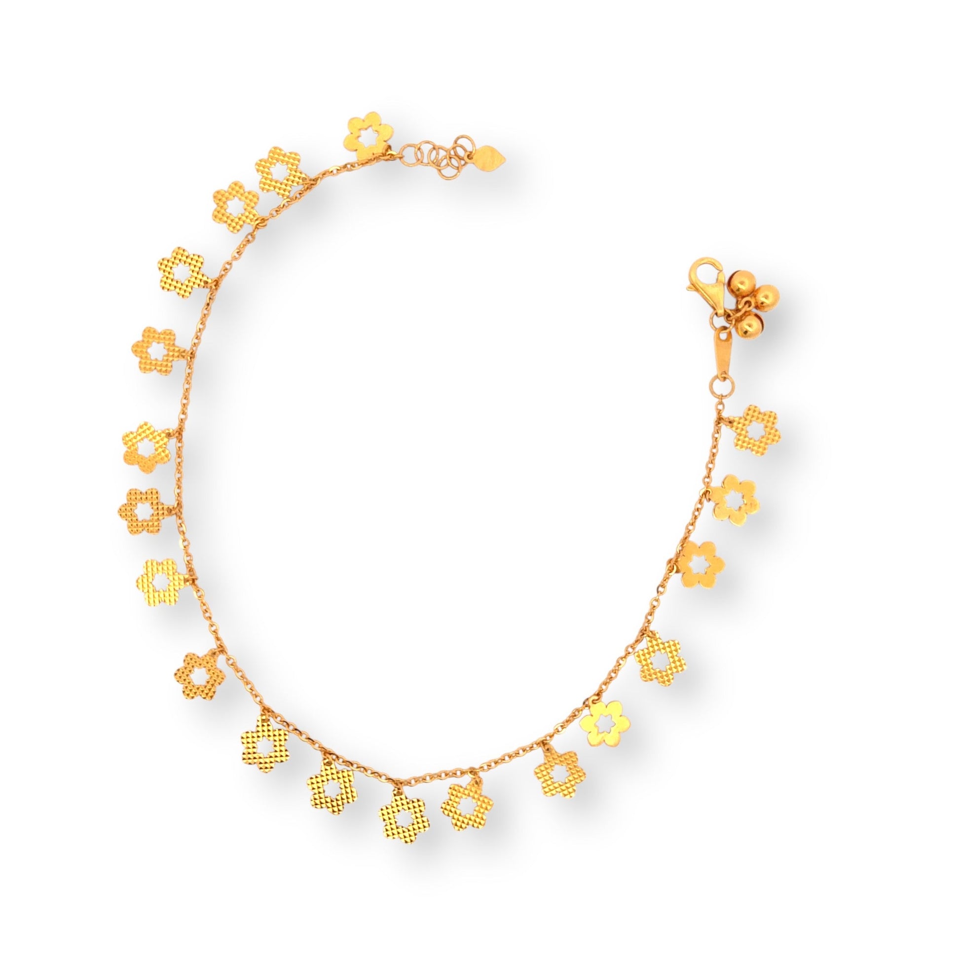 Regal Jewels RJLP3029 22k yellow gold ladies payal anklet with delicate floral charm drops, lightweight traditional gold anklet for women, ethnic Indian jewelry design, bridal festive gold payal with flower motifs, handcrafted gold anklet – Regal Jewels Chicago