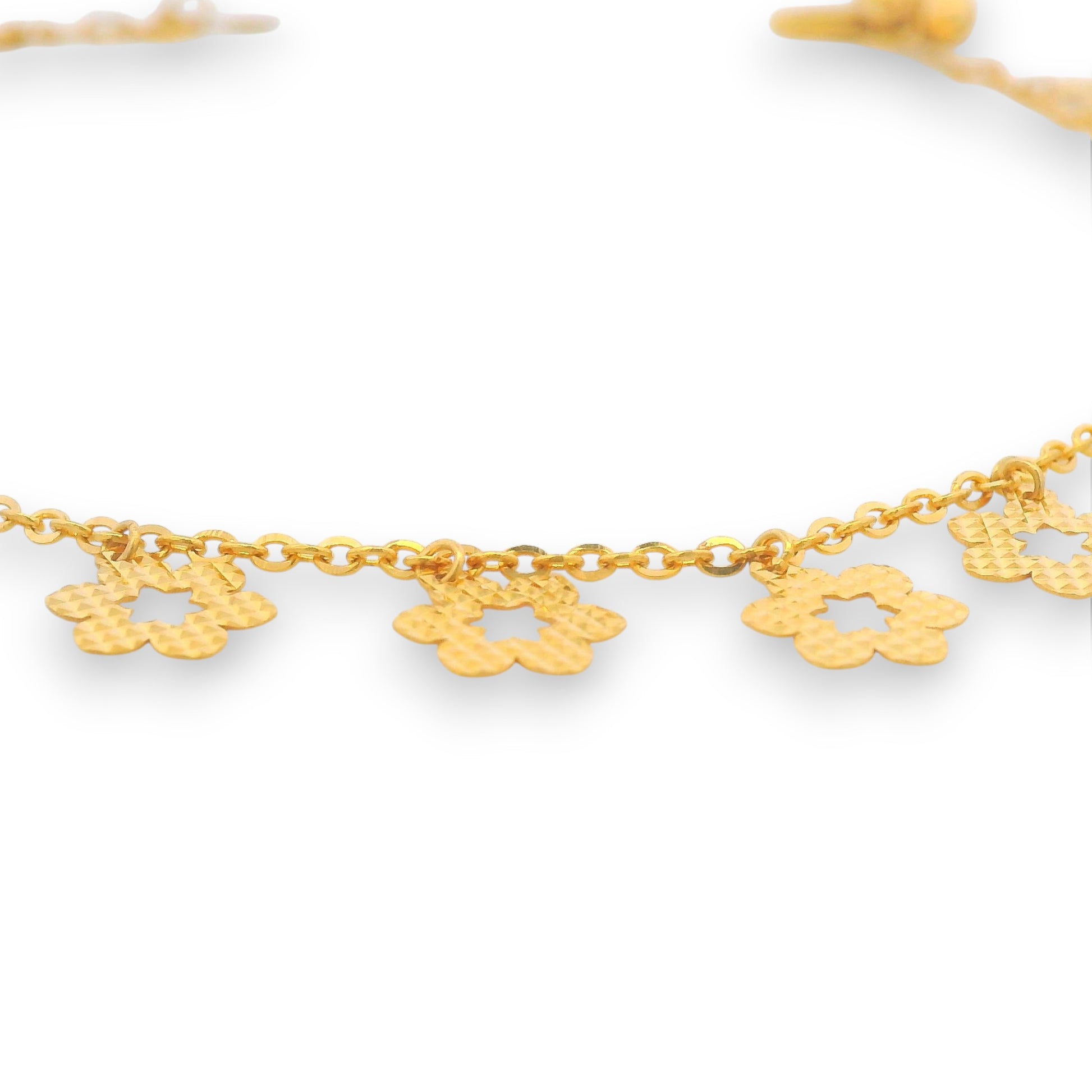 Regal Jewels RJLP3029A close-up 22k gold ladies payal with intricate floral dangling charms, fine detailing Indian gold anklet jewelry – Regal Jewels Chicago0