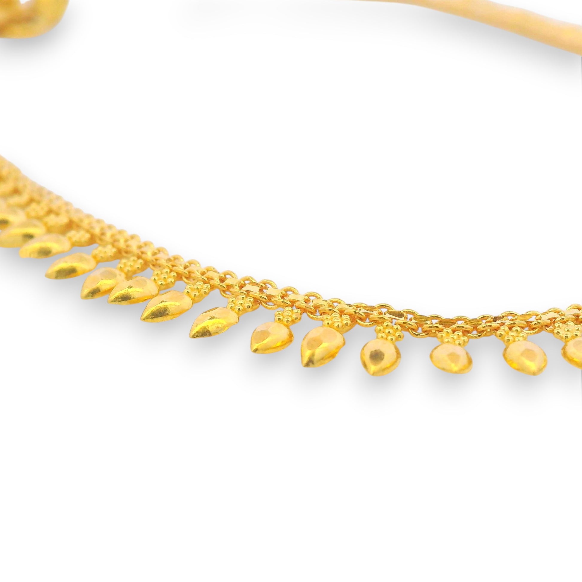 Regal Jewels RJLP3030A 22k gold ladies payal close-up with teardrop shaped dangling charms and intricate chain design, traditional Indian gold anklet with drop beads – Regal Jewels Chicago