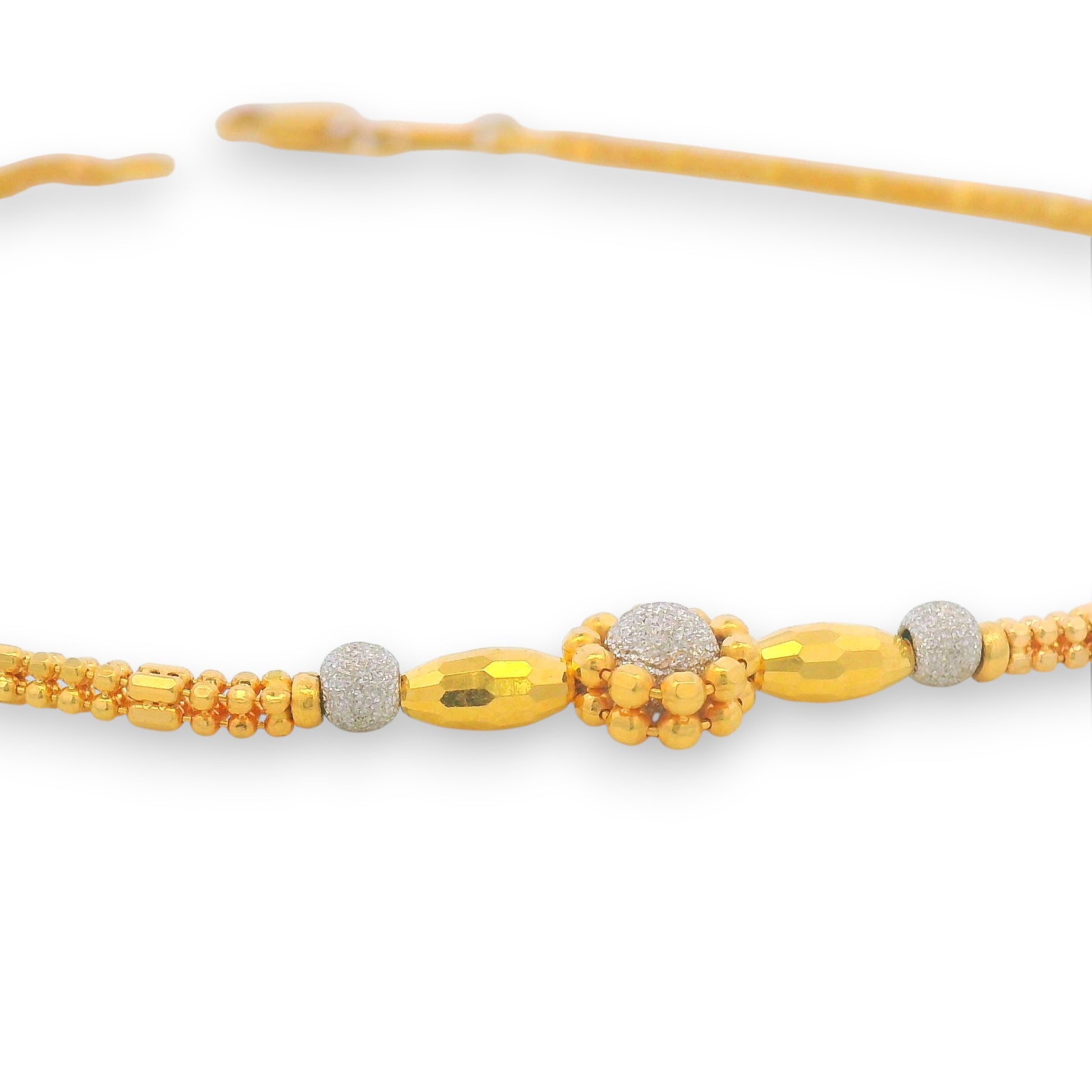 Regal Jewels RJLP3031A close-up 22k gold ladies payal with dual-tone silver-gold beaded floral centerpiece, delicate anklet chain jewelry design – Regal Jewels Chicago