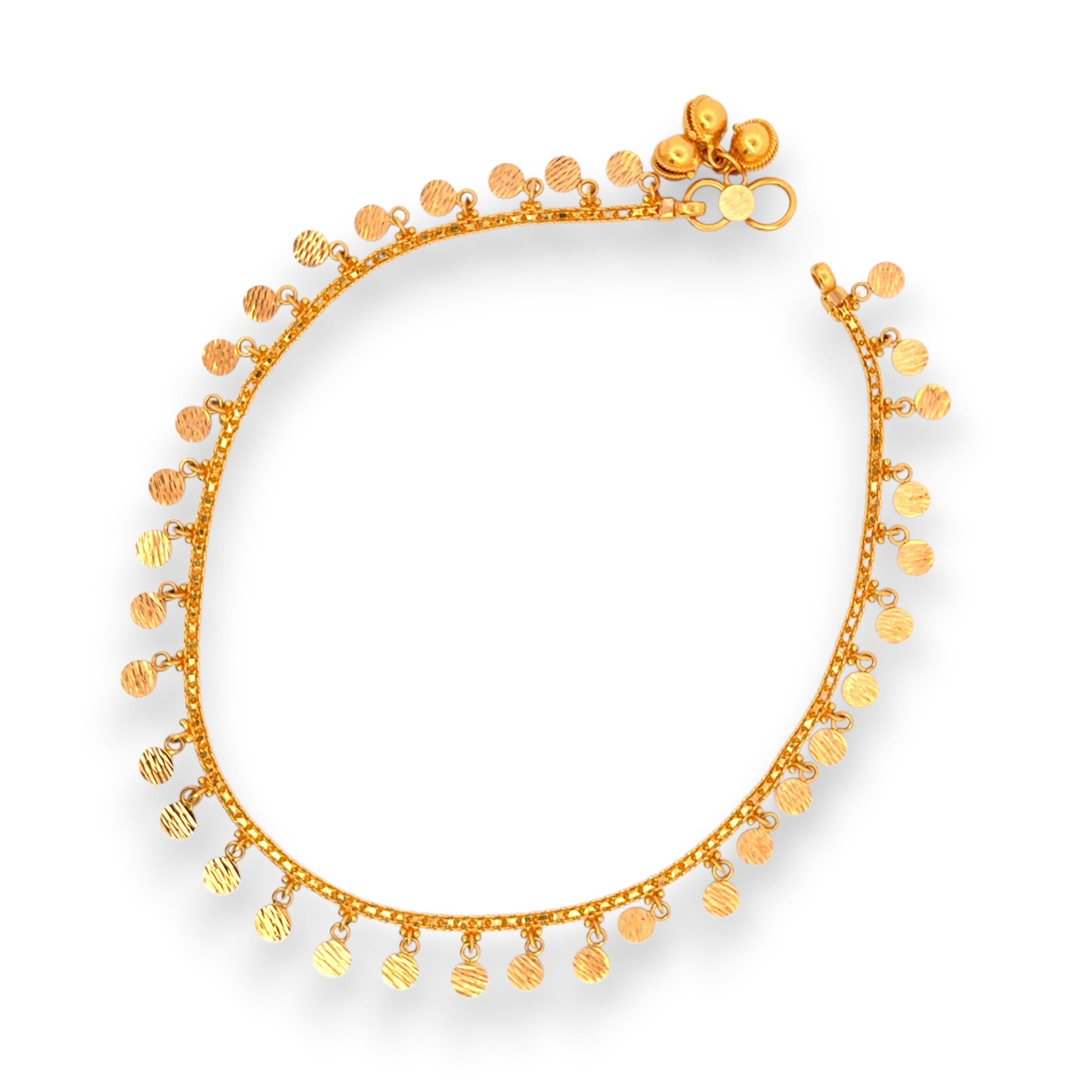 Regal Jewels RJLN0016B 22k yellow gold ladies payal anklet with dangling round textured charms, elegant traditional gold anklet for women, ethnic Indian bridal jewelry, festive wear gold payal, handcrafted gold anklet design – Regal Jewels Chicago