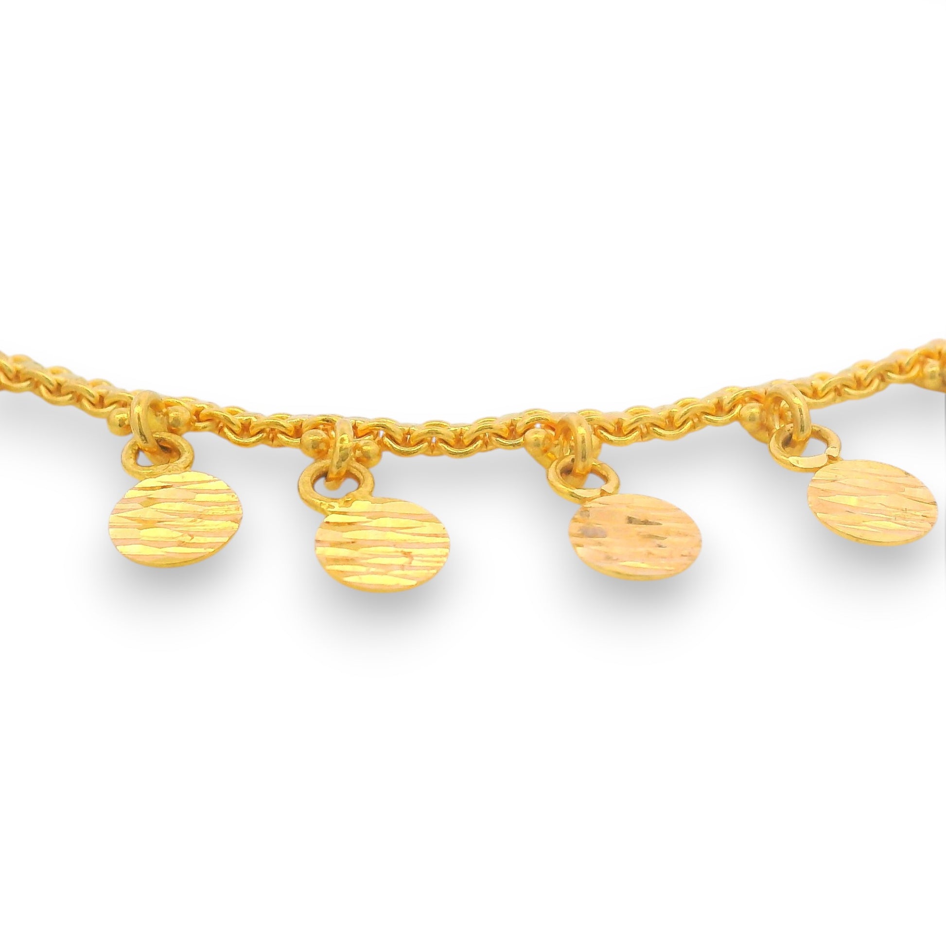 Regal Jewels RJLP3032A 22k gold ladies payal close-up with textured round coin charms and intricate chain design, lightweight Indian gold anklet with hanging discs – Regal Jewels Chicago