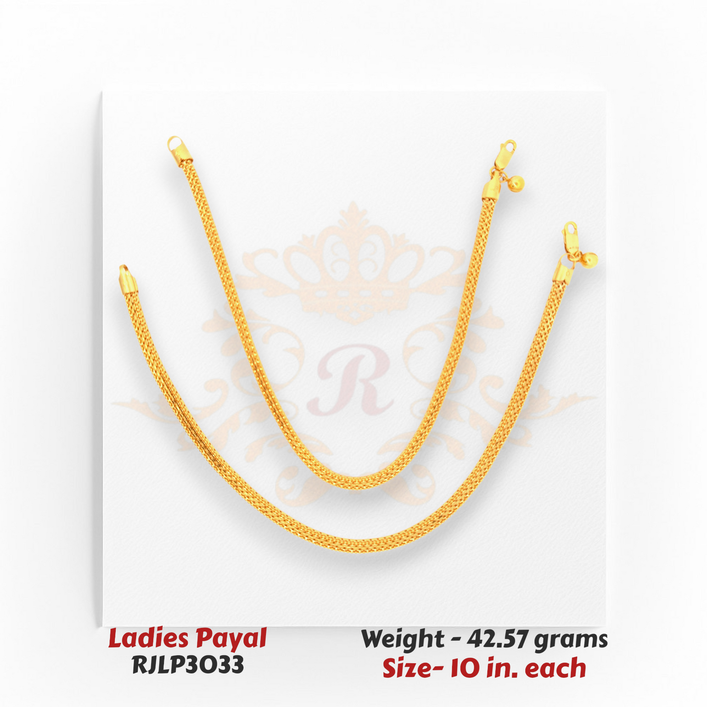 22kt Gold Ladies Payal RJLP3033 – heavy mesh texture anklet, 42.57 grams, 10 inches – durable classic gold payal design from Regal Jewels Chicago.