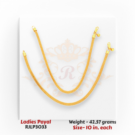 22kt Gold Ladies Payal RJLP3033 – heavy mesh texture anklet, 42.57 grams, 10 inches – durable classic gold payal design from Regal Jewels Chicago.