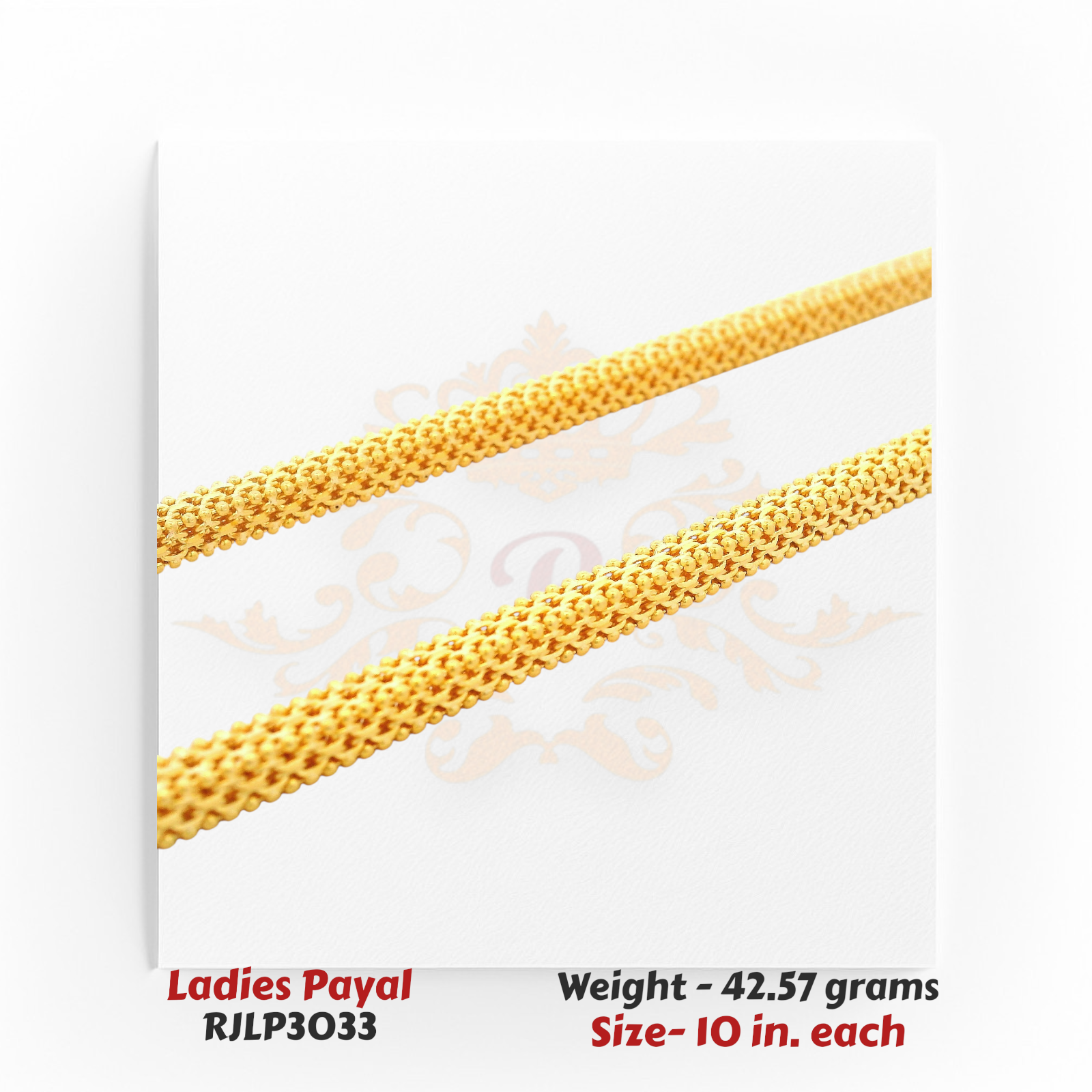 22kt Gold Ladies Payal RJLP3033 – heavy textured mesh anklet close-up, 42.57 grams, 10 inches – durable classic gold payal from Regal Jewels Chicago.