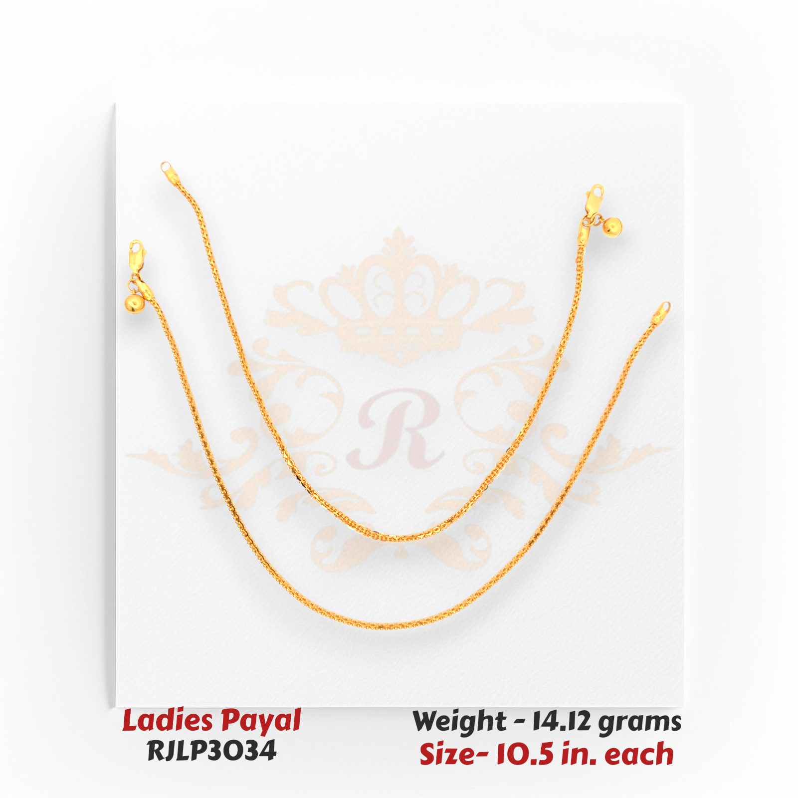 22kt Gold Ladies Payal RJLP3034 – lightweight fine chain design anklet, 14.12 grams, 10.5 inches – minimal daily wear gold payal by Regal Jewels Chicago.