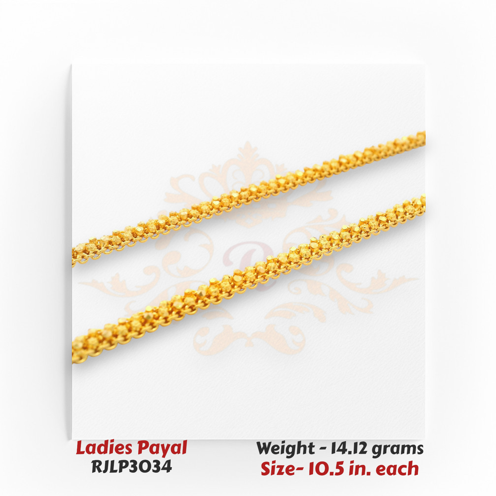22kt Gold Ladies Payal RJLP3034 – fine lightweight chain anklet, 14.12 grams, 10.5 inches – minimal gold payal design by Regal Jewels Chicago.