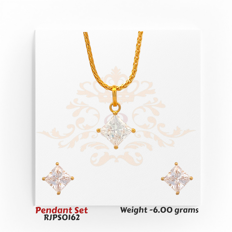 22kt gold pendant set with a large square-cut solitaire and matching earrings. Product code RJPS0162, total weight 6.00 grams.