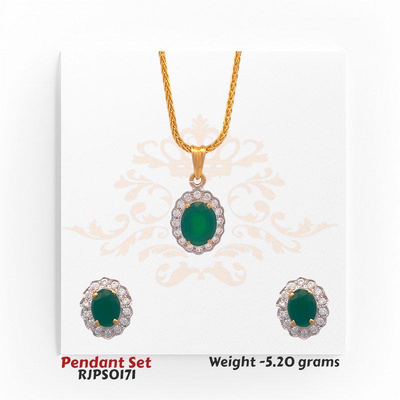 22kt gold pendant set featuring an oval green gemstone surrounded by shimmering white stones, with matching earrings. Product code RJPS0171, total weight 5.20 grams.