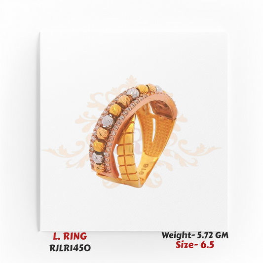 Angled view of a gold ladies ring featuring dual rows of faceted gold and white accents framed by sparkling stones, creating an elegant crossover design. Model RJLR1450.