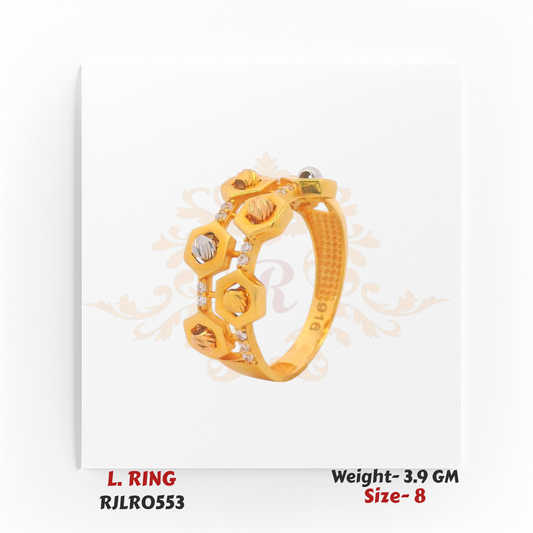 Angled view of a gold ladies ring with hexagonal cut designs, accented with dual-tone detailing and small white stones. Model RJLR0553.