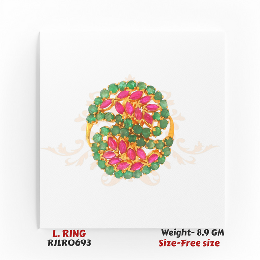 Bold 22k yellow gold ladies statement ring featuring an oval-shaped design with clusters of marquise red stones and round green stones, crafted in an adjustable free-size fit. Model RJLR0693