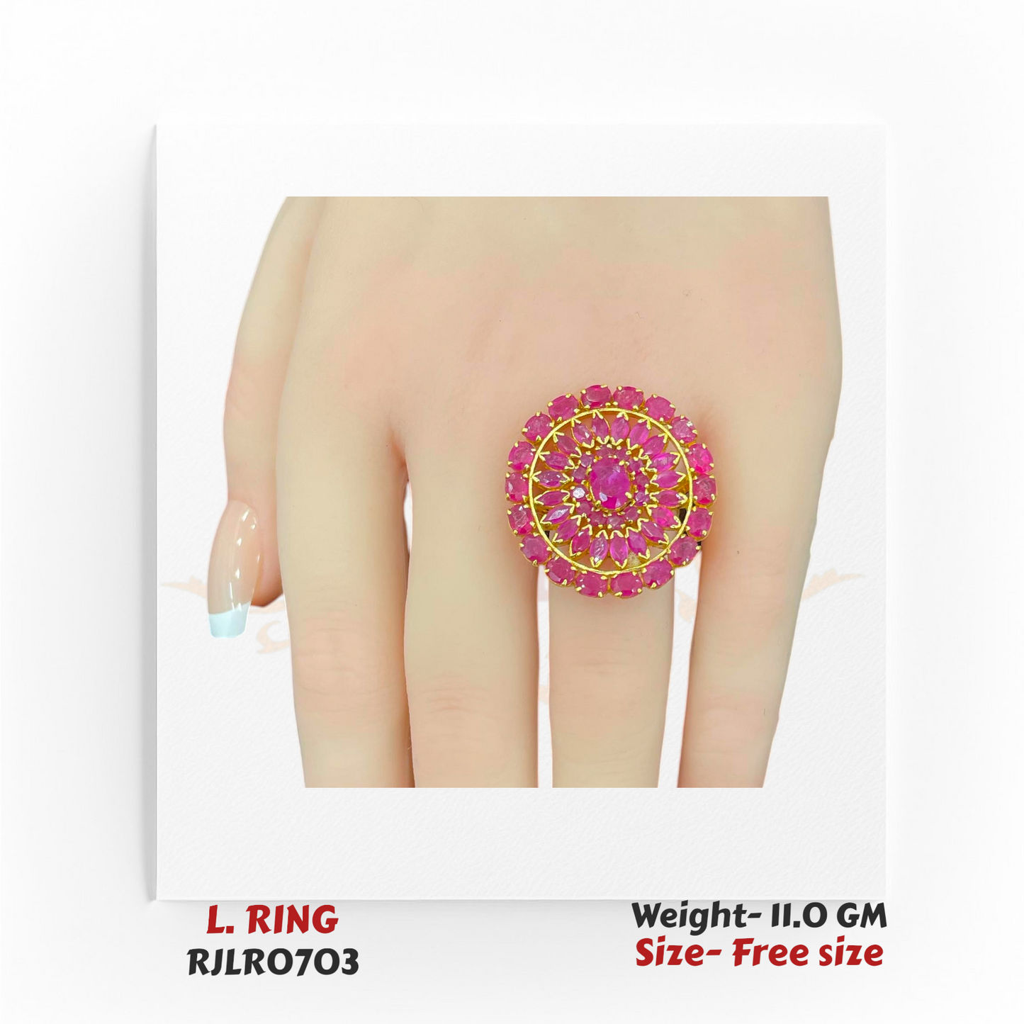 Grand 22k yellow gold ladies statement ring with a bold circular design set with layered pink stones, shown worn on a hand. Model RJLR0703