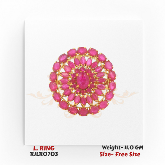 Majestic 22k yellow gold ladies statement ring featuring a large circular design with concentric layers of vibrant red stones, crafted in an adjustable free-size fit. Model RJLR0703