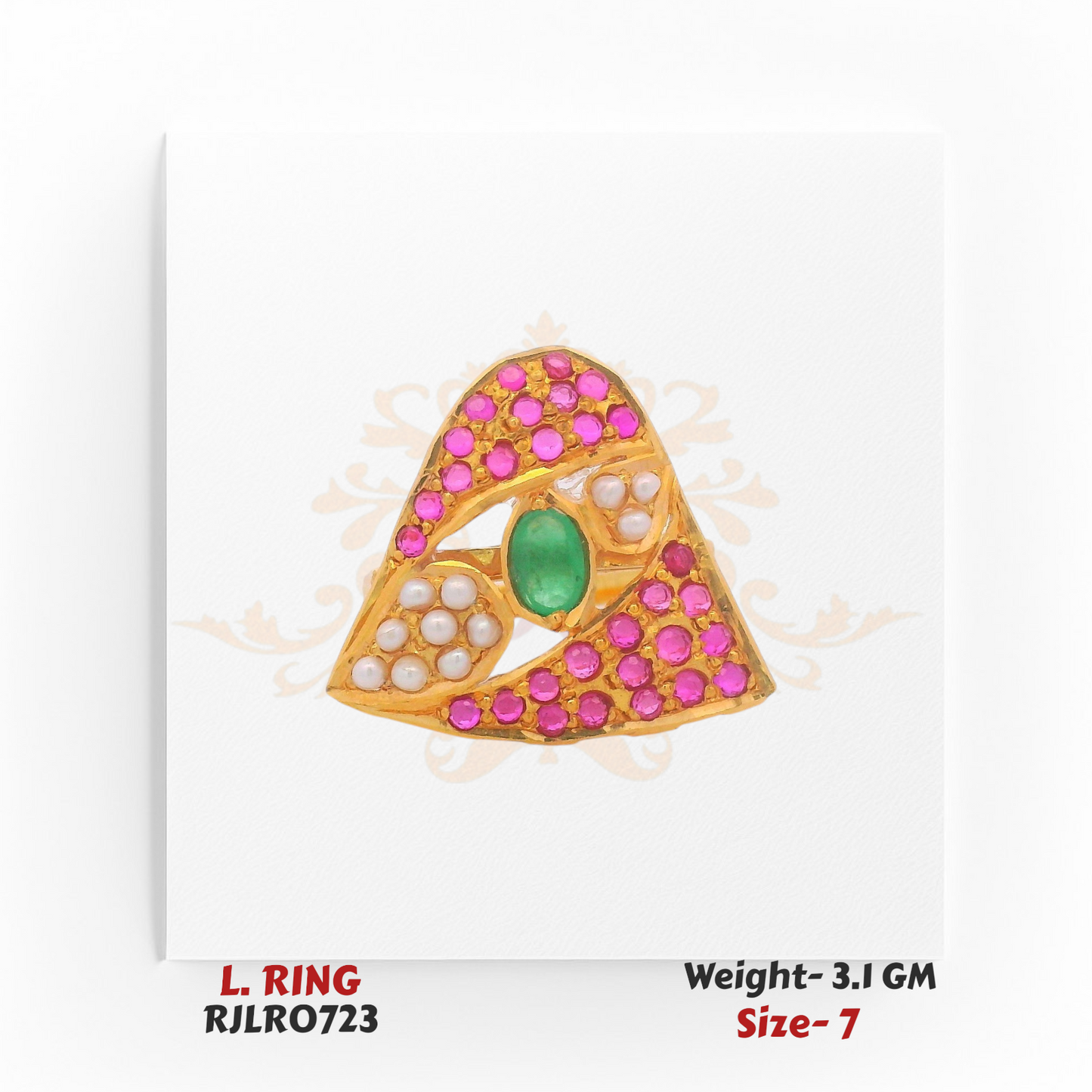 Elegant gold ladies’ ring with a triangular design adorned with vibrant pink stones, lustrous pearls, and a central oval green stone. Model RJLR0723, weight 3.1 grams, size 7