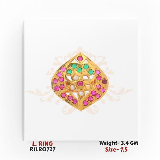 Bold ladies’ gold ring with a geometric square face adorned with pink, green, and white stones in a lattice pattern. Model RJLR0727, weight 3.4 grams, size 7.5.