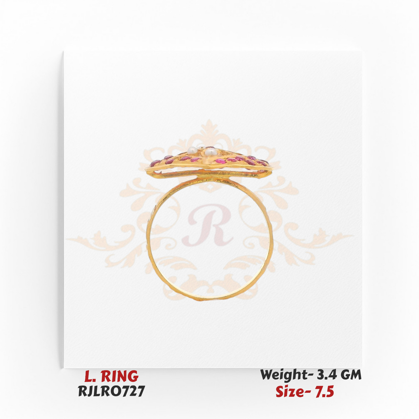 Side profile of a ladies’ gold ring with a raised square face set with colorful gemstones and pearls. Model RJLR0727, weight 3.4 grams, size 7.5.