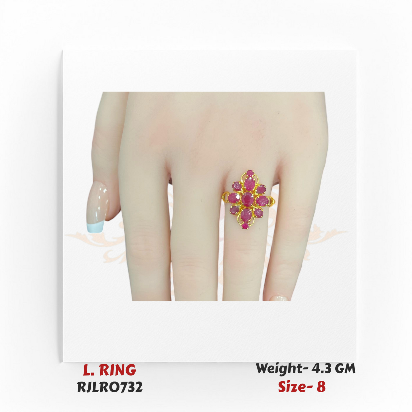 22k yellow gold ladies ring featuring a vibrant cluster of oval and round red stones in a floral design, shown worn on a hand. Model RJLR0732