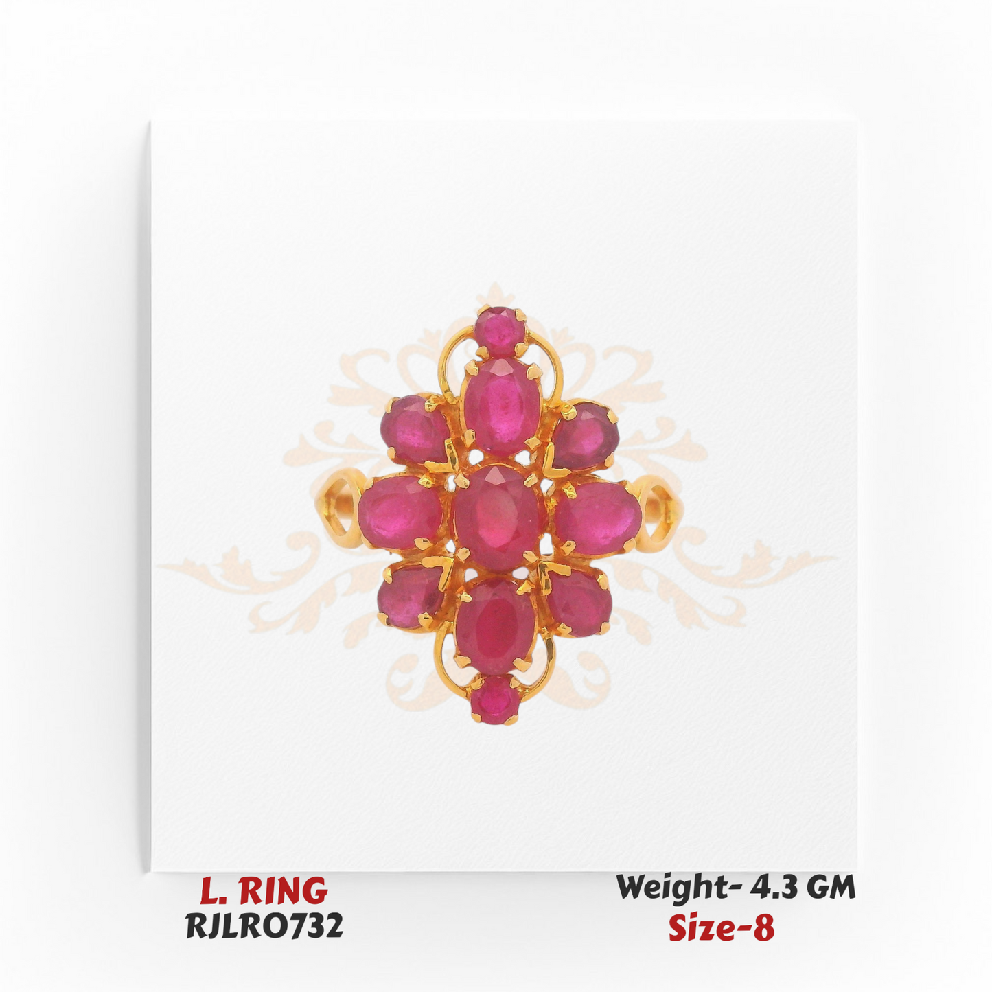 Bold ladies’ gold ring with a floral cluster arrangement of oval and round pink stones in a symmetrical design. Model RJLR0732, weight 4.3 grams, size 8.