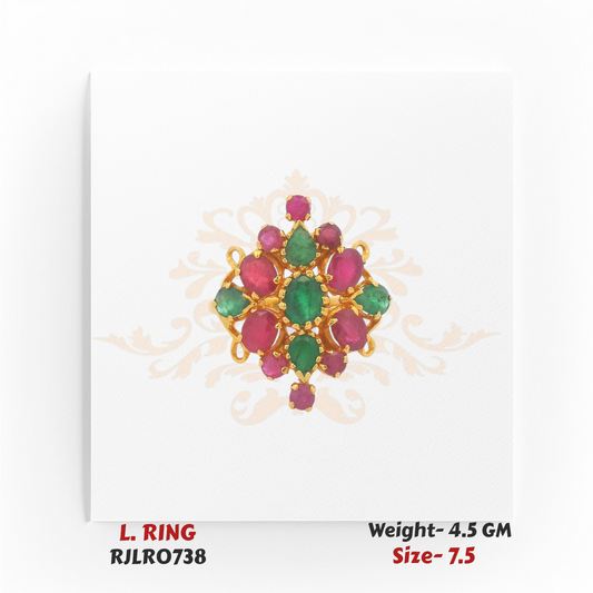 Bold ladies’ gold ring with a floral cluster design featuring alternating red and green stones in an ornate arrangement. Model RJLR0738, weight 4.5 grams, size 7.5