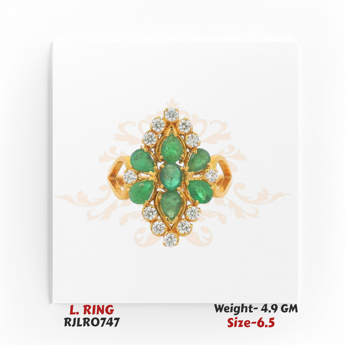 Statement ladies’ gold ring with an elongated marquise-shaped floral cluster of green stones encircled by shimmering white stones. Model RJLR0747, weight 4.9 grams, size 6.5.
