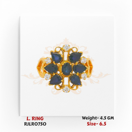 Elegant ladies’ gold ring featuring a floral cluster of deep blue stones accented with sparkling white stones around the edges. Model RJLR0750, weight 4.5 grams, size 6.5.