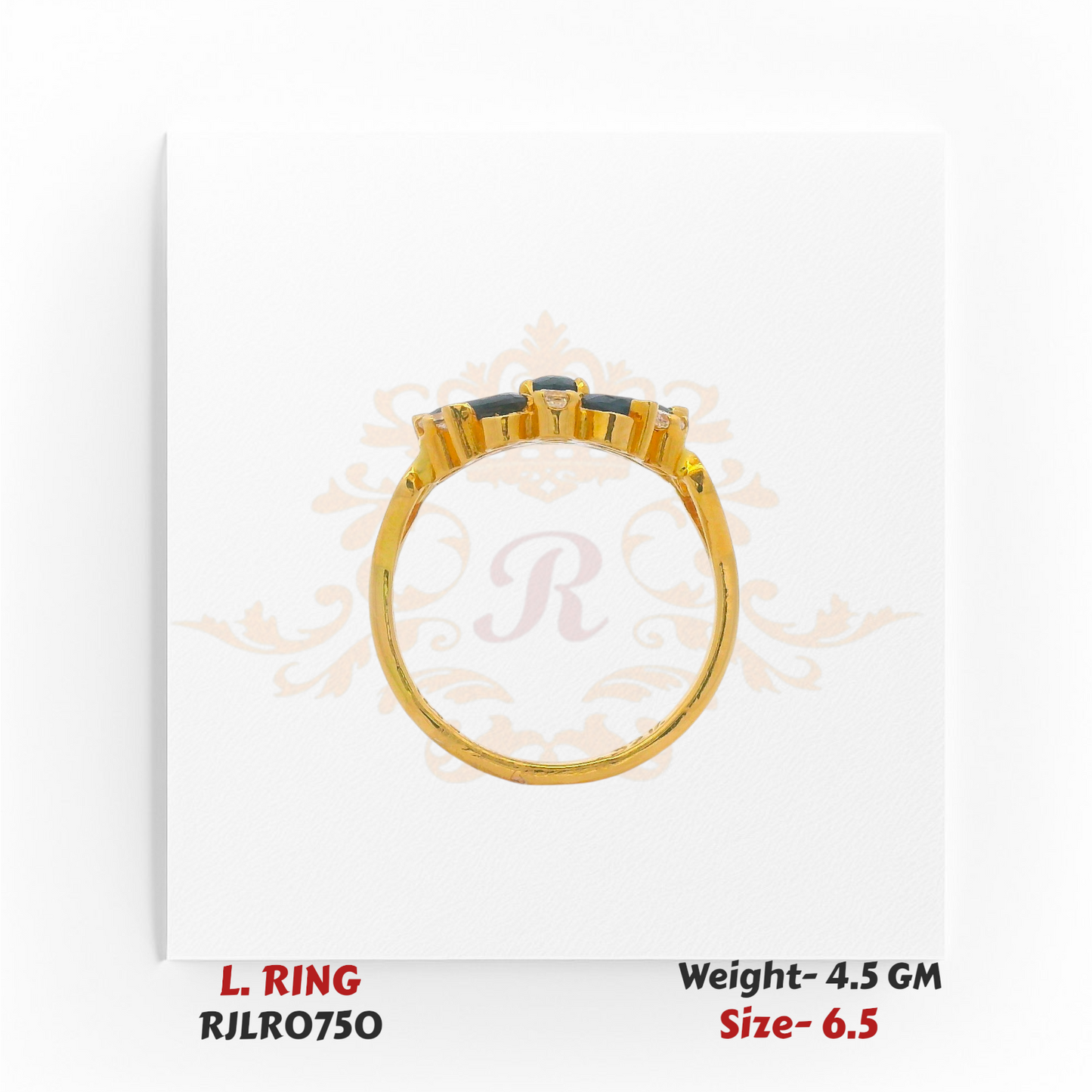Side profile view of a gold ladies’ ring highlighting the elevated floral cluster setting of blue and white stones. Model RJLR0750, weight 4.5 grams, size 6.5.
