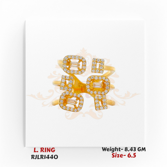 Top-down view of a statement gold ladies ring with four rectangular and square-shaped stone-studded clusters, symmetrically aligned for a glamorous finish. Model RJLR1440