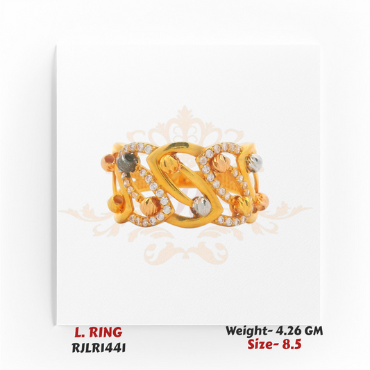 Designer gold women’s ring with diamond-cut detailing and dual-tone accents – Regal Jewels RJLR1441.