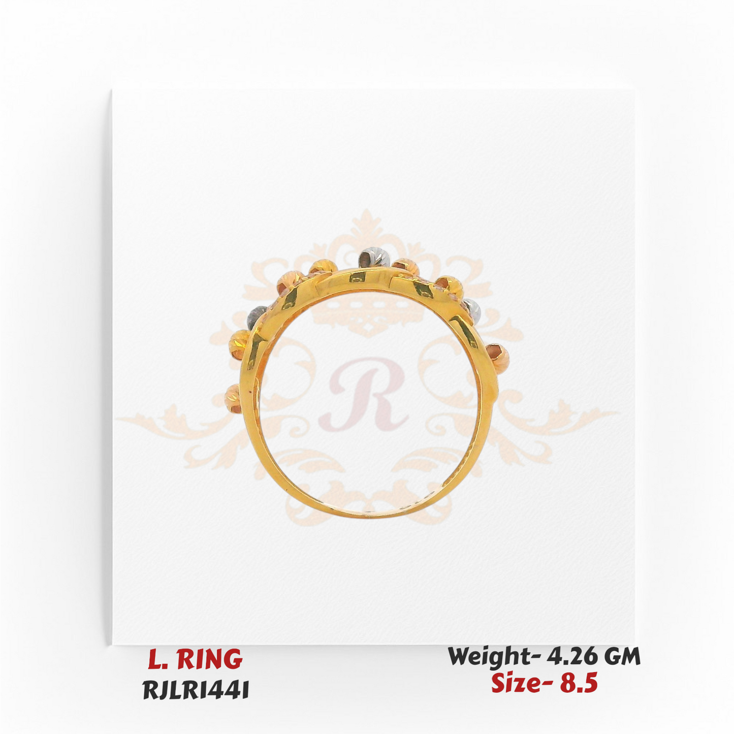 Side profile of lightweight 22k gold ladies ring with fine craftsmanship – Regal Jewels RJLR1441.