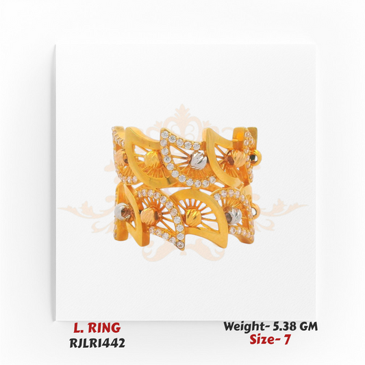 Wide band gold ring for women RJLR1442 featuring dual rows of fan motifs with sparkling cubic zirconia details.