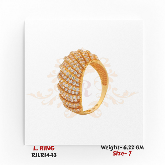 Regal Jewels gold ladies ring RJLR1443, dome style with diagonal rows of sparkling CZ stones, side view, Chicago jewelry store.