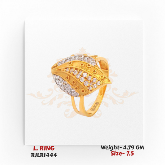 Side angled view of a gold ladies ring with a leaf-shaped design, featuring rows of sparkling white stones and decorative gold detailing.