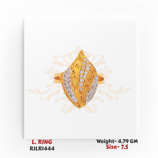 Front view of a marquise-shaped gold ladies ring encrusted with white stones and intricate gold accents.