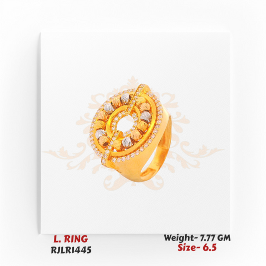 A bold circular gold ladies ring with intricate dual-tone detailing and diamond accents, model RJLR1445.