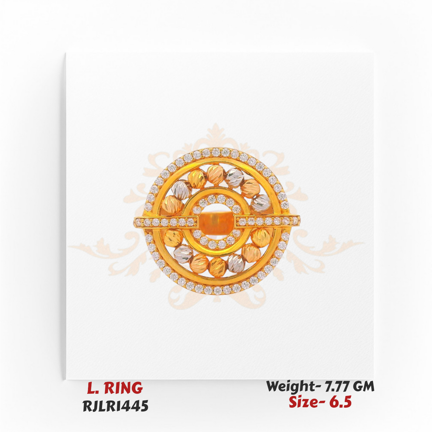 Overhead view of RJLR1445 gold ring showcasing its round disc design with alternating gold tones and sparkling stones.