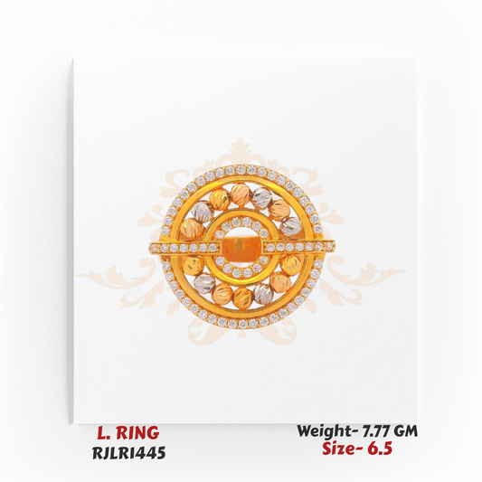 Overhead view of RJLR1445 gold ring showcasing its round disc design with alternating gold tones and sparkling stones.