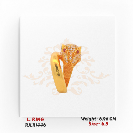 Side profile view of the gold panther ring, showcasing intricate pavé stonework across the head and shank. RJLR1446.