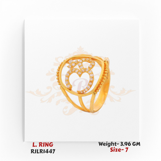 A 22kt gold ladies ring with an open circular design featuring a sparkling Om centerpiece embellished with white stones.