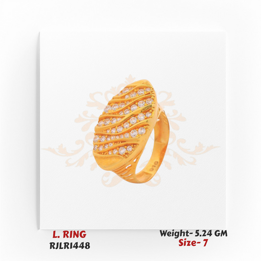 Angled view of a bold gold ladies ring with an oval-shaped top, featuring wavy rows of sparkling CZ stones in an intricate wave pattern. Model RJLR1448.