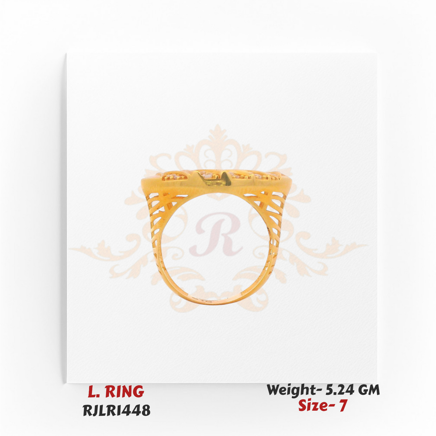 Side profile view of the gold ladies ring showing the raised oval design with cutout detailing along the band for added lightness and style. Model RJLR1448.